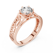 Lab Grown Round Diamond Ring with Openwork Lattice Band in Yellow Gold
