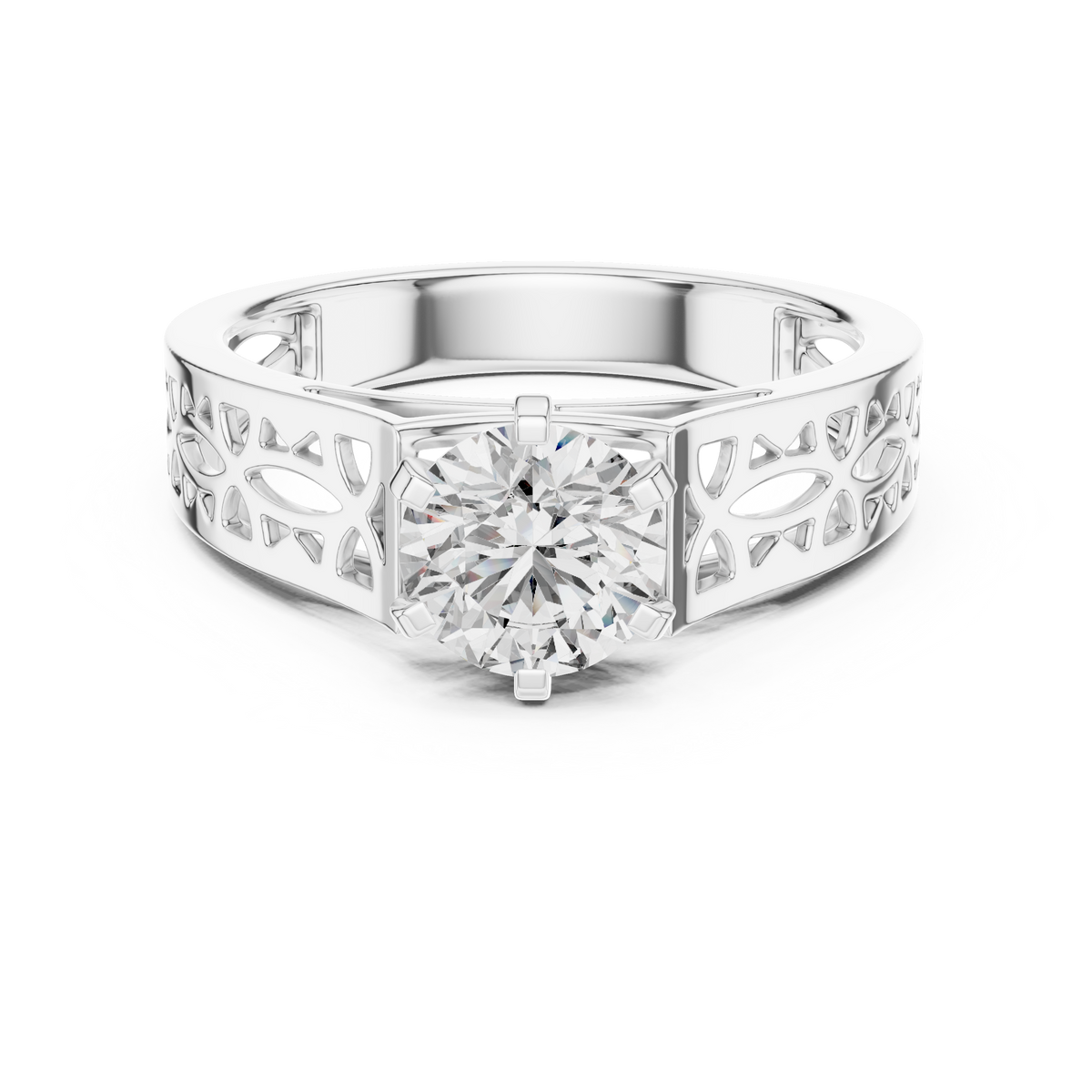 Lab Grown Round Diamond Ring with Openwork Lattice Band in Yellow Gold