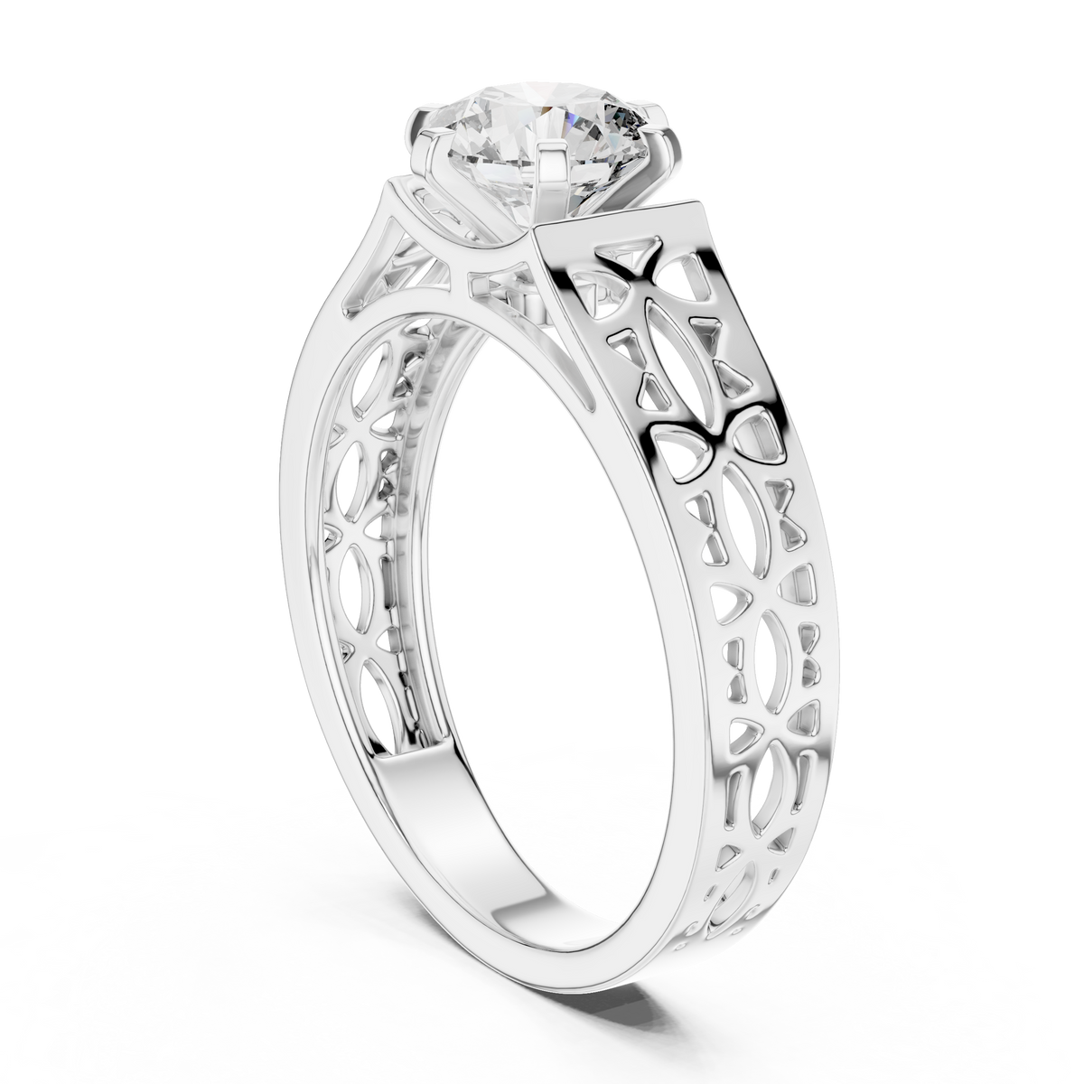 Lab Grown Round Diamond Ring with Openwork Lattice Band in Yellow Gold