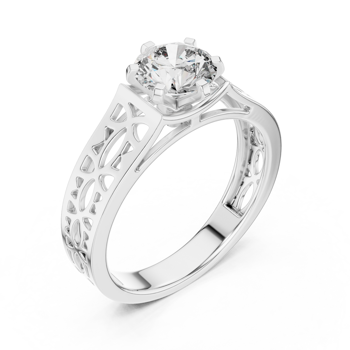 Lab Grown Round Diamond Ring with Openwork Lattice Band in Yellow Gold