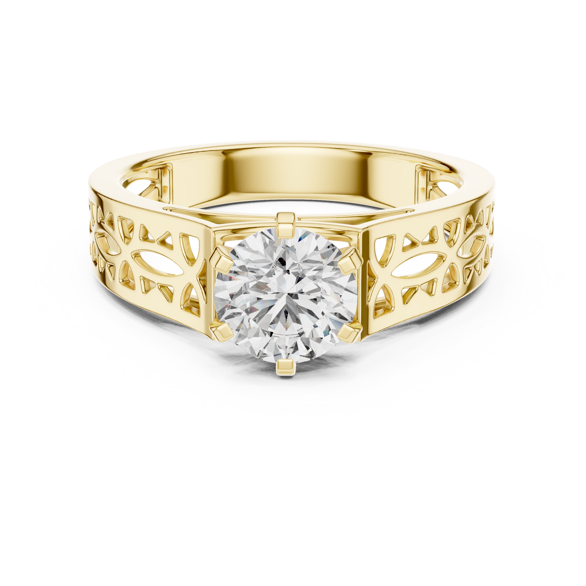 Lab Grown Round Diamond Ring with Openwork Lattice Band in Yellow Gold
