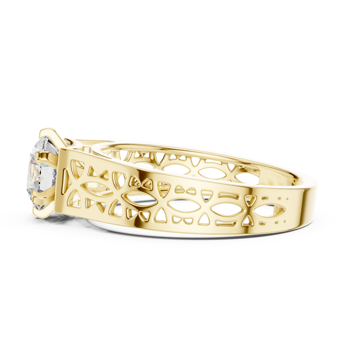 Lab Grown Round Diamond Ring with Openwork Lattice Band in Yellow Gold