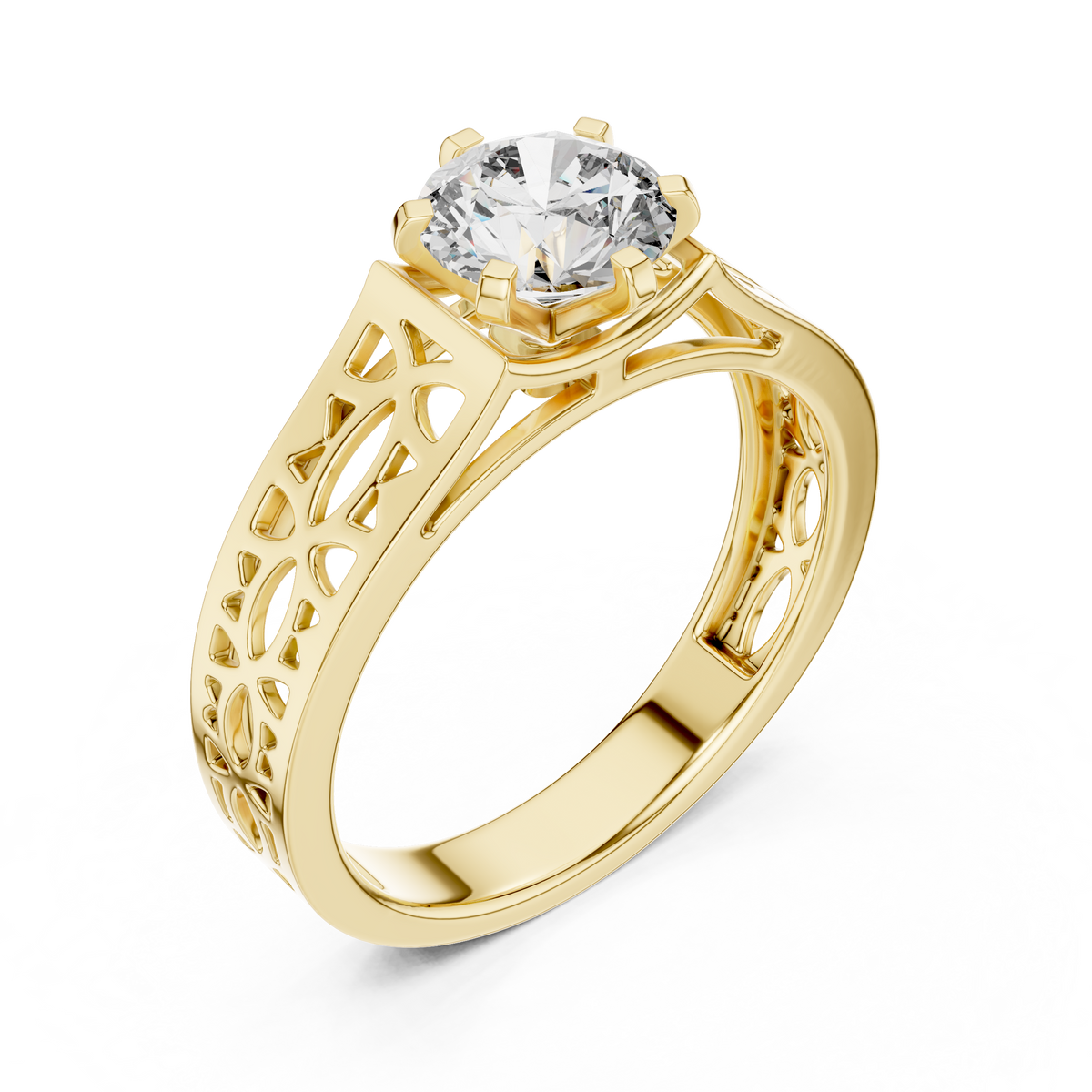 Lab Grown Round Diamond Ring with Openwork Lattice Band in Yellow Gold