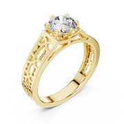 Lab Grown Round Diamond Ring with Openwork Lattice Band in Yellow Gold