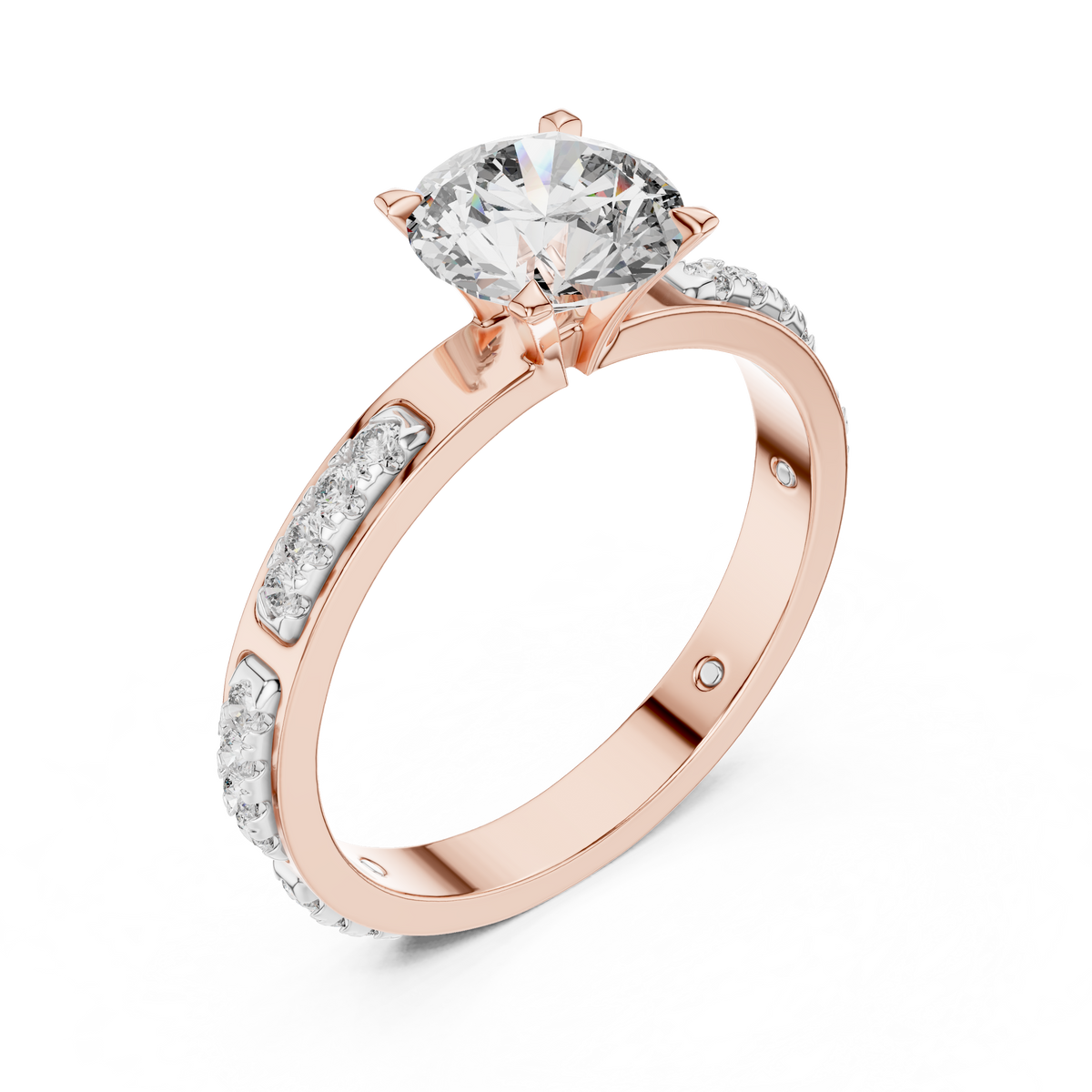 Lab Grown Round Diamond Ring with Two-Tone Station-Set Diamond Band in Yellow Gold