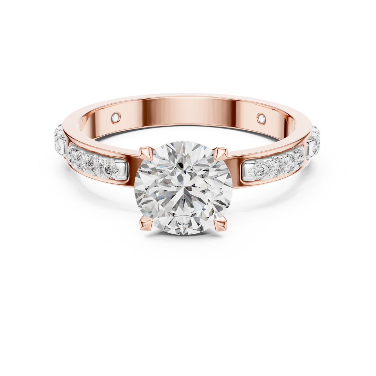 Lab Grown Round Diamond Ring with Two-Tone Station-Set Diamond Band in Yellow Gold