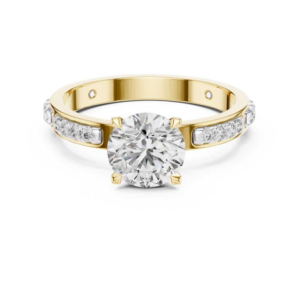 Lab Grown Round Diamond Ring with Two-Tone Station-Set Diamond Band in Yellow Gold