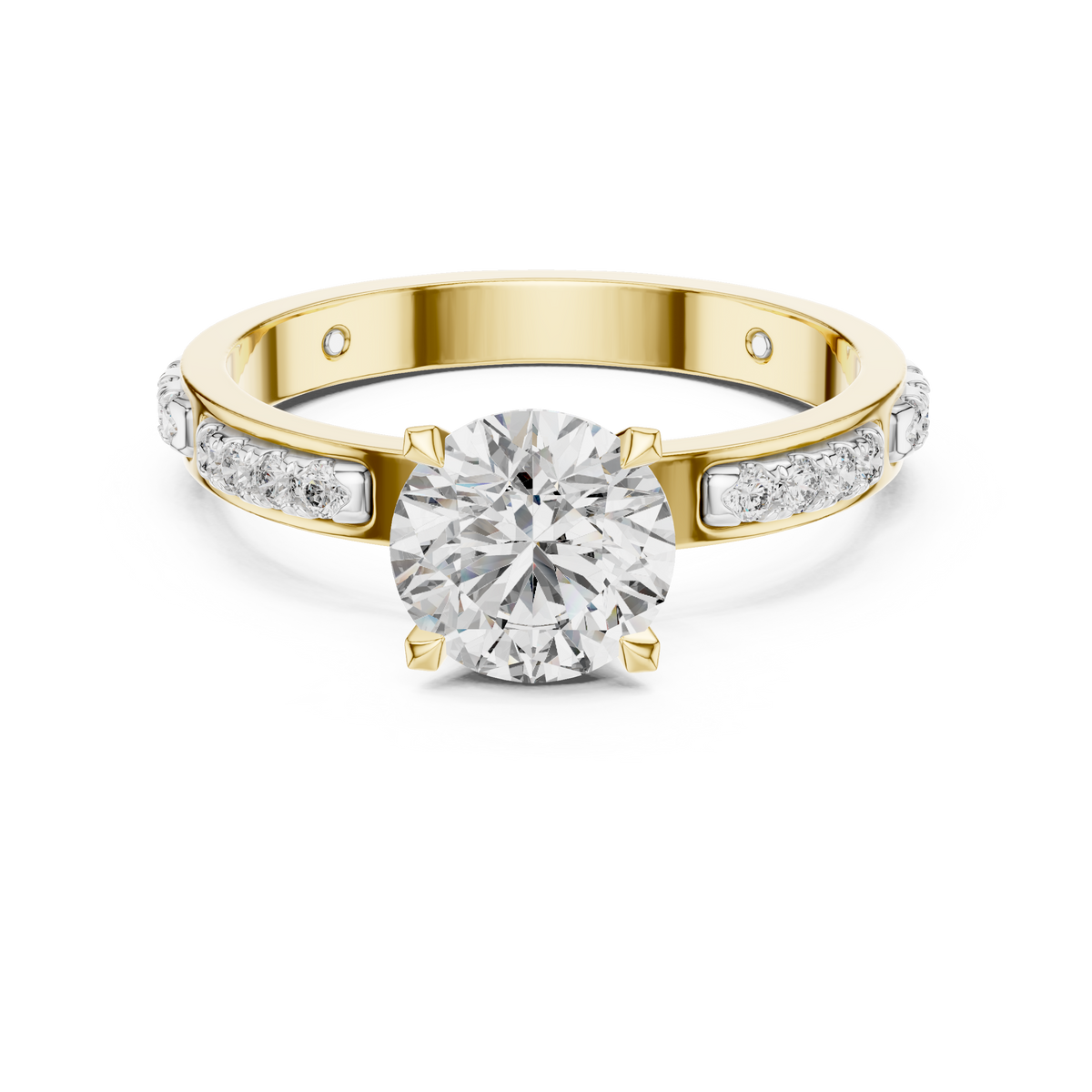 Lab Grown Round Diamond Ring with Two-Tone Station-Set Diamond Band in Yellow Gold