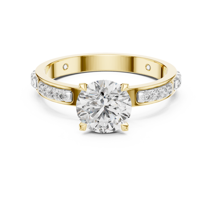 Lab Grown Round Diamond Ring with Two-Tone Station-Set Diamond Band in Yellow Gold