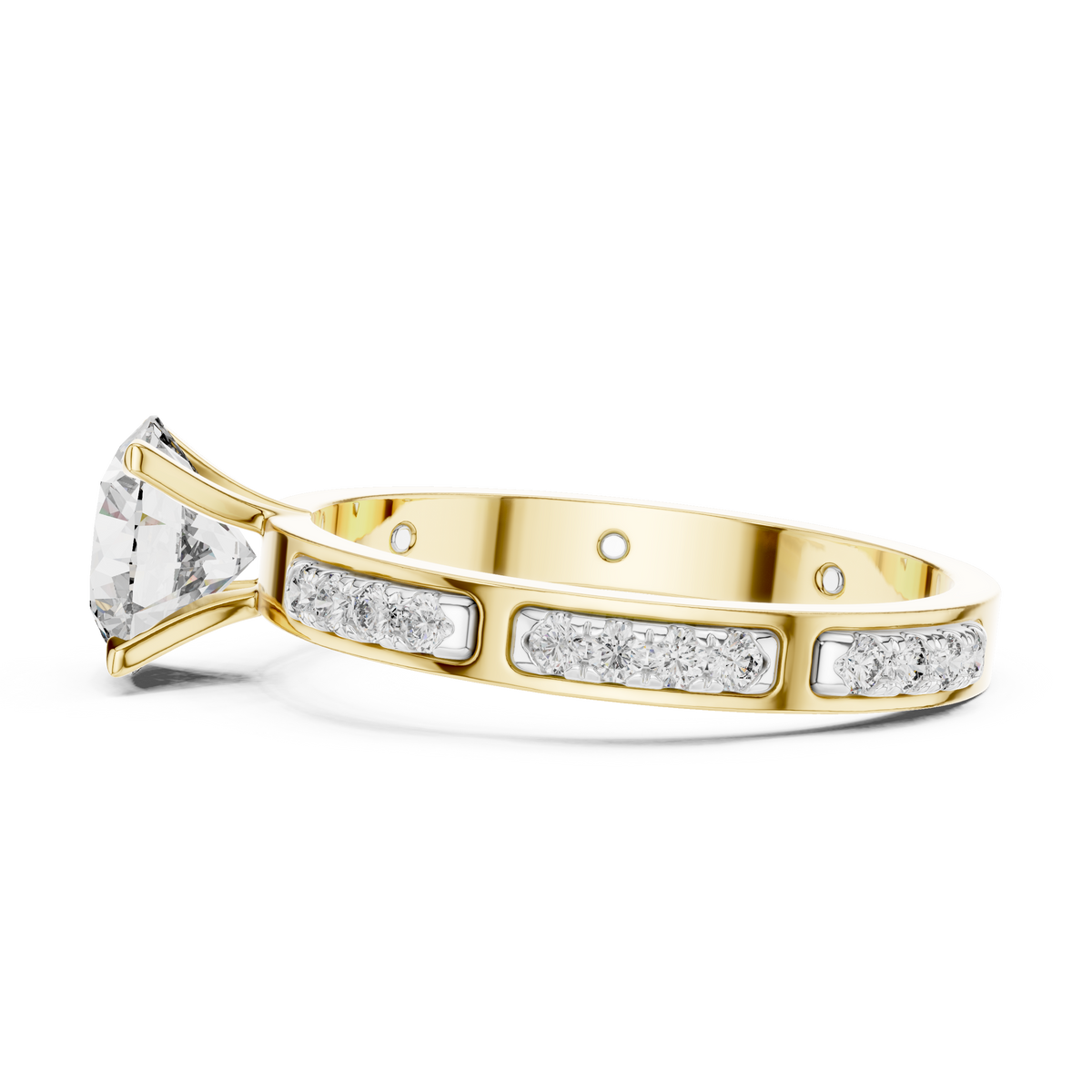 Lab Grown Round Diamond Ring with Two-Tone Station-Set Diamond Band in Yellow Gold