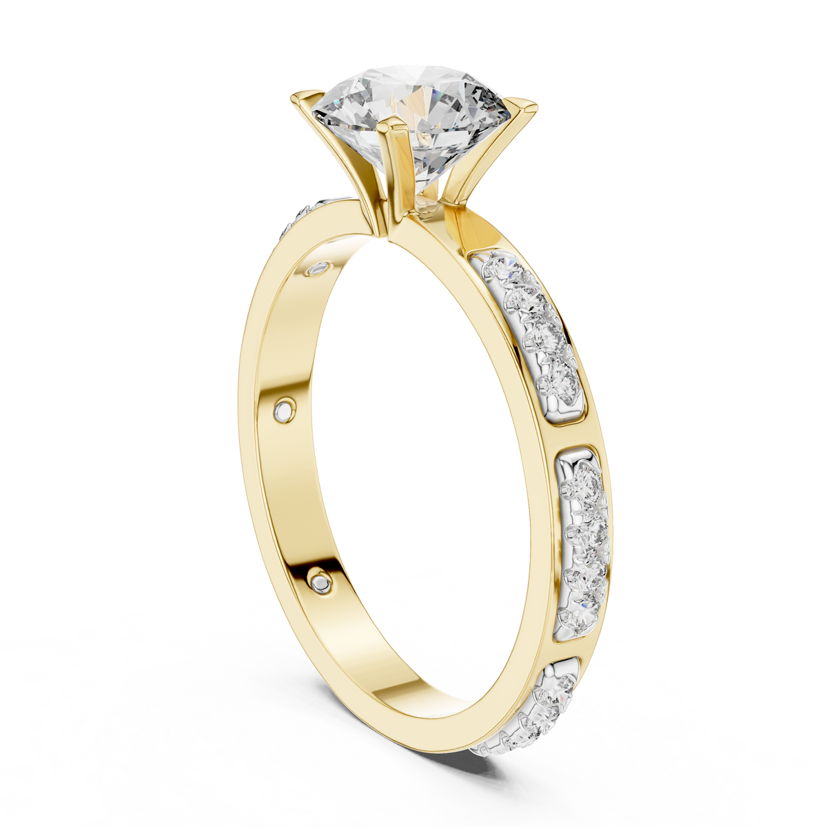 Lab Grown Round Diamond Ring with Two-Tone Station-Set Diamond Band in Yellow Gold