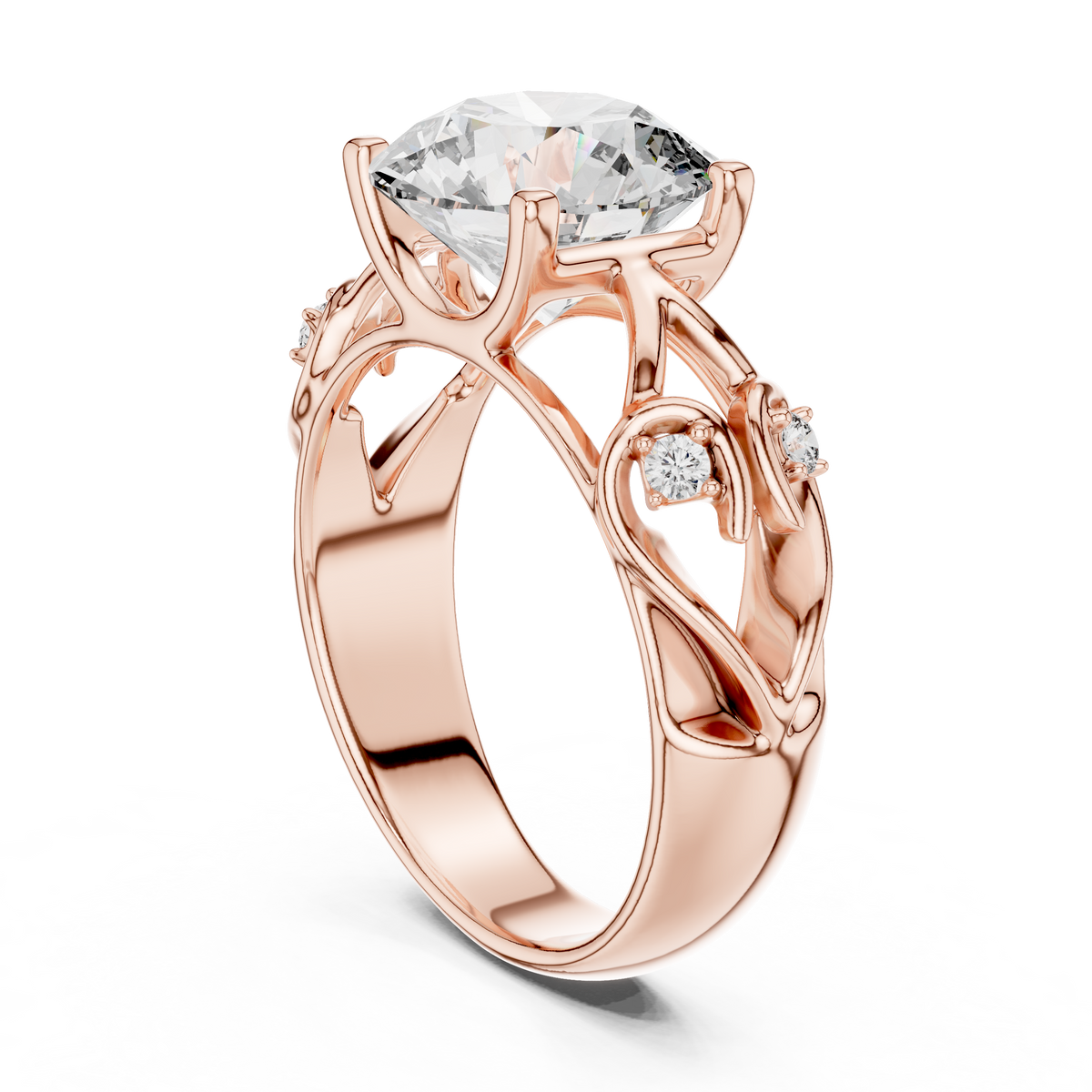 Lab Grown Round Diamond Ring with Vintage Filigree Scroll Band in Yellow Gold