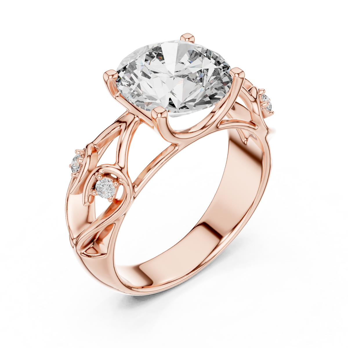 Lab Grown Round Diamond Ring with Vintage Filigree Scroll Band in Yellow Gold