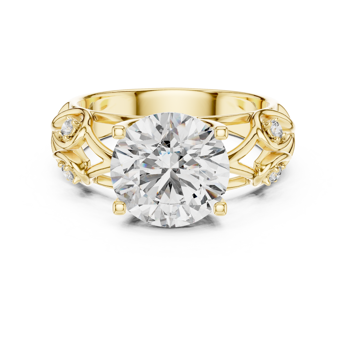Lab Grown Round Diamond Ring with Vintage Filigree Scroll Band in Yellow Gold