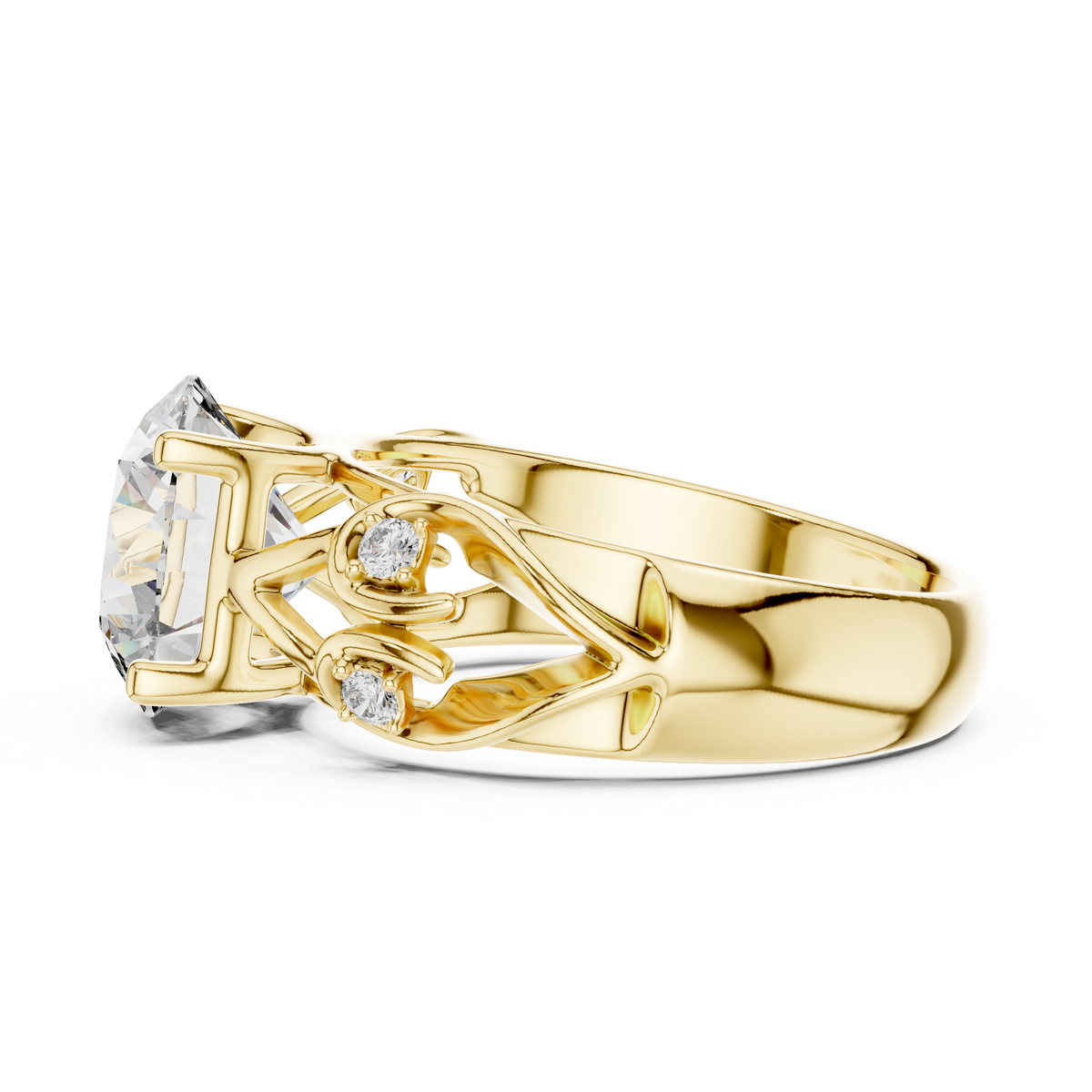 Lab Grown Round Diamond Ring with Vintage Filigree Scroll Band in Yellow Gold