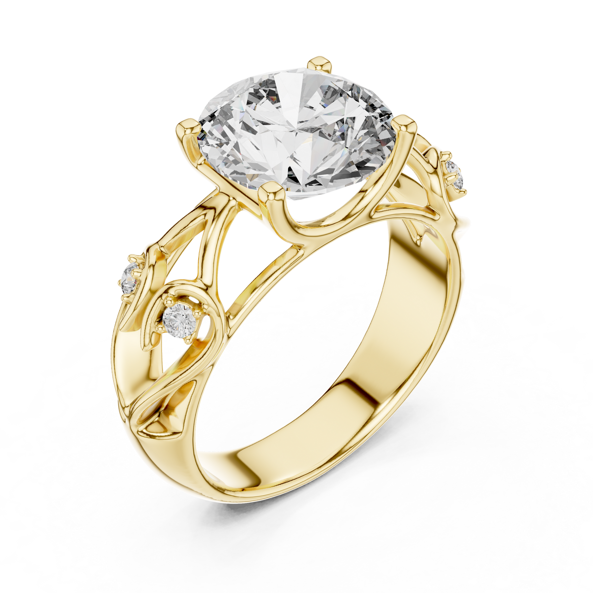 Lab Grown Round Diamond Ring with Vintage Filigree Scroll Band in Yellow Gold