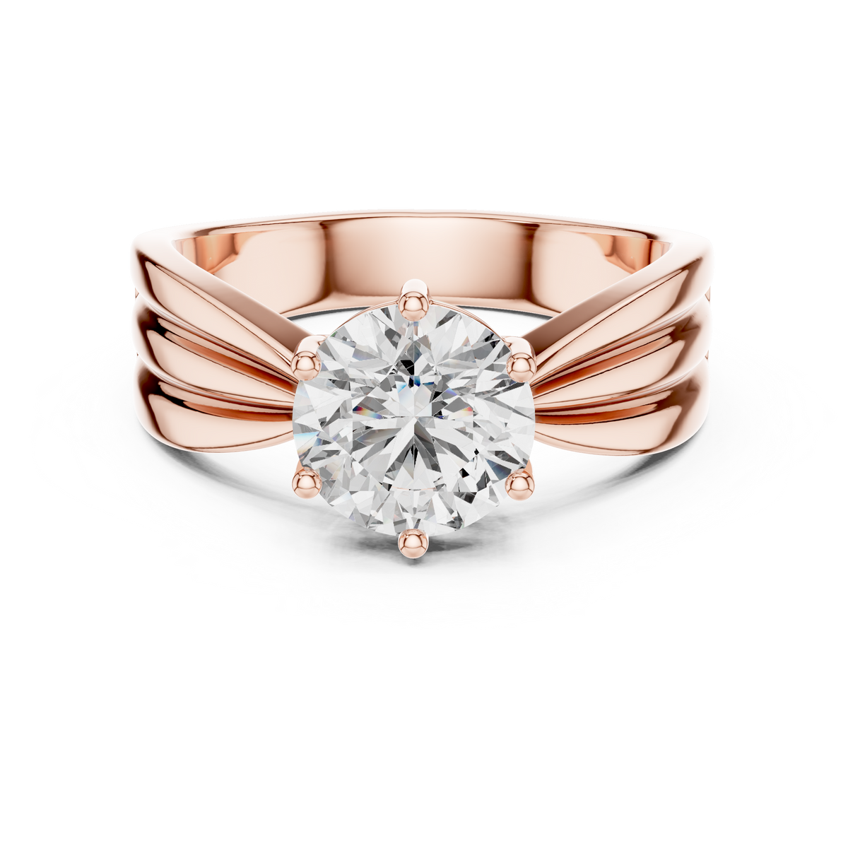 Lab Grown Round Diamond Ring with Wide Grooved Band in Yellow Gold