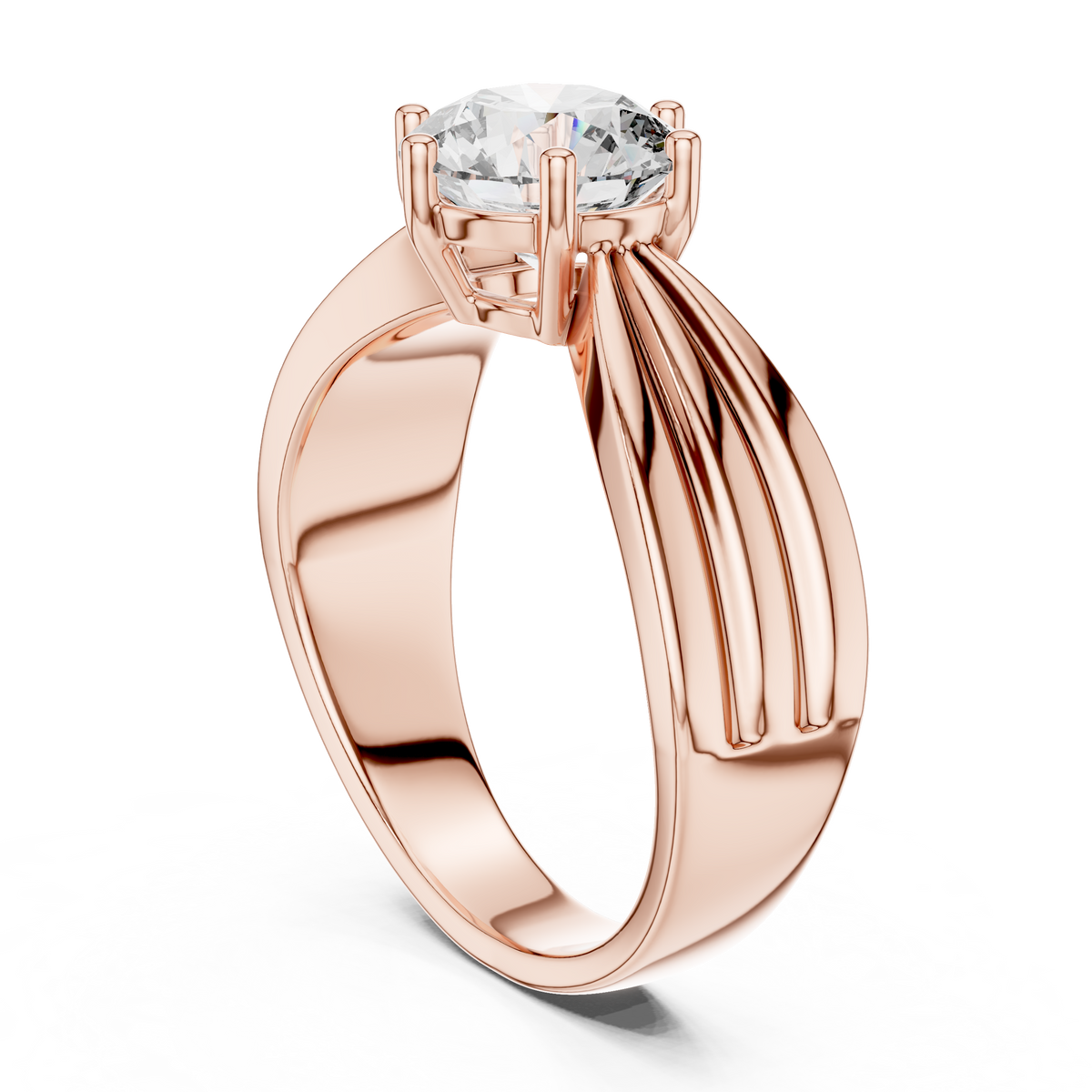 Lab Grown Round Diamond Ring with Wide Grooved Band in Yellow Gold