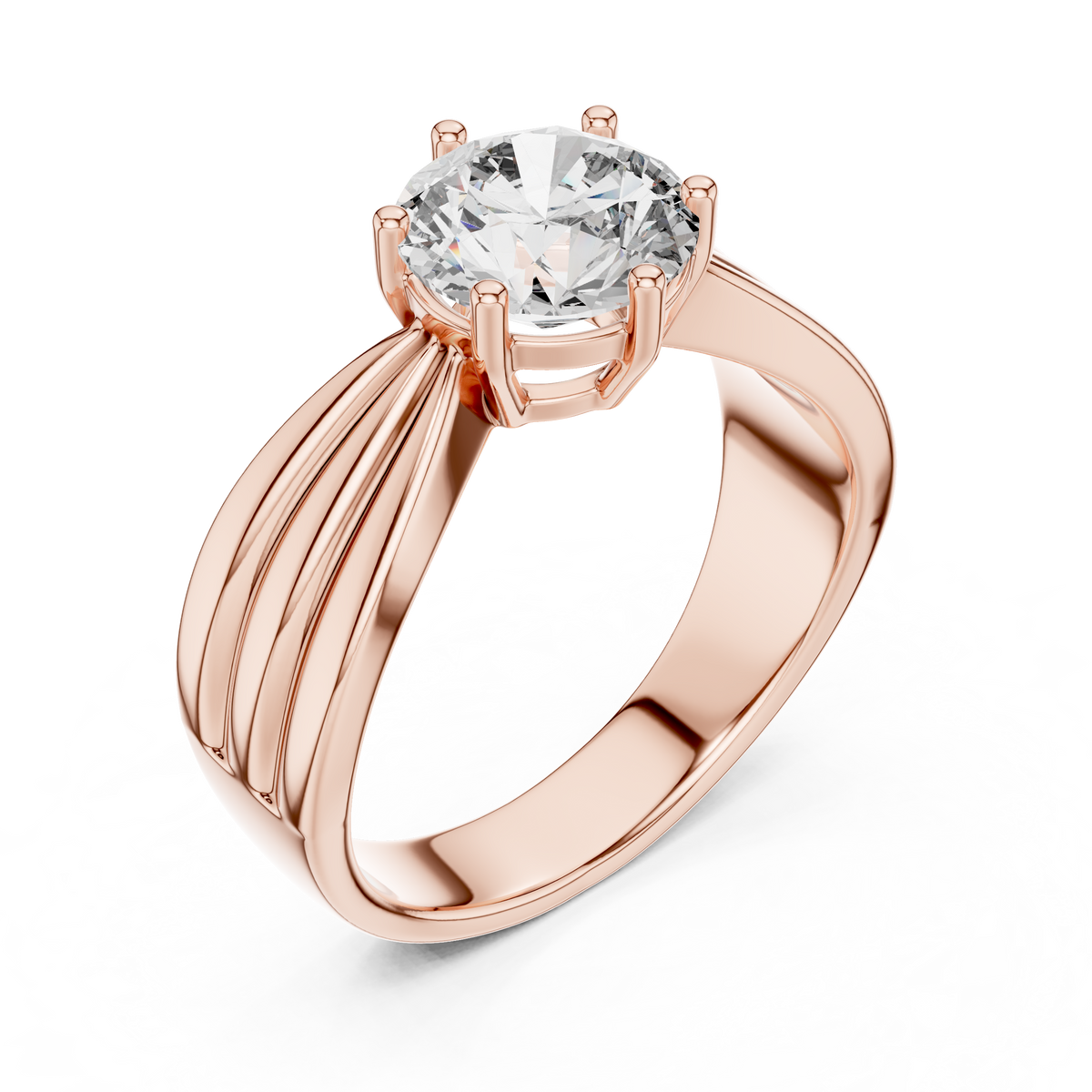 Lab Grown Round Diamond Ring with Wide Grooved Band in Yellow Gold