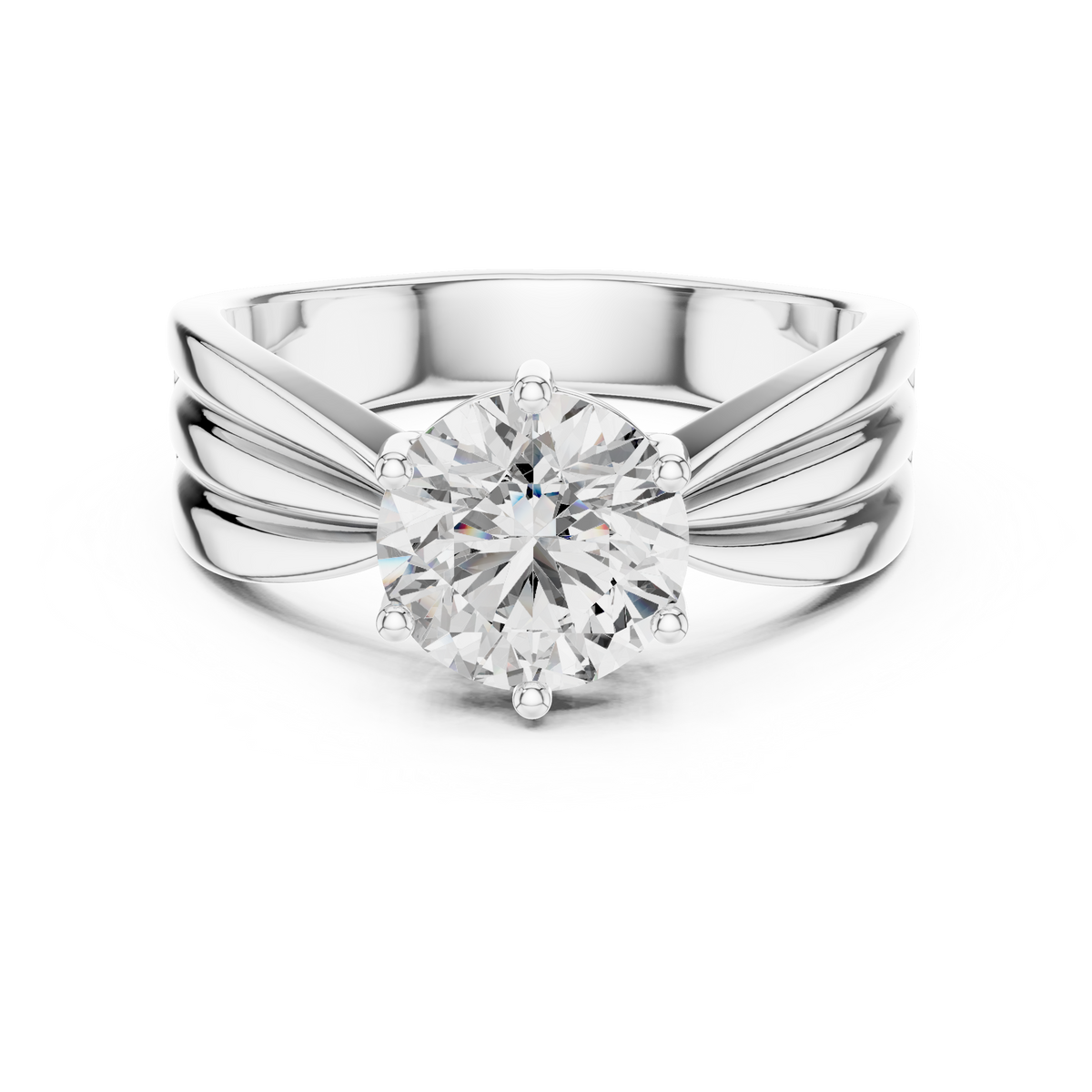 Lab Grown Round Diamond Ring with Wide Grooved Band in Yellow Gold