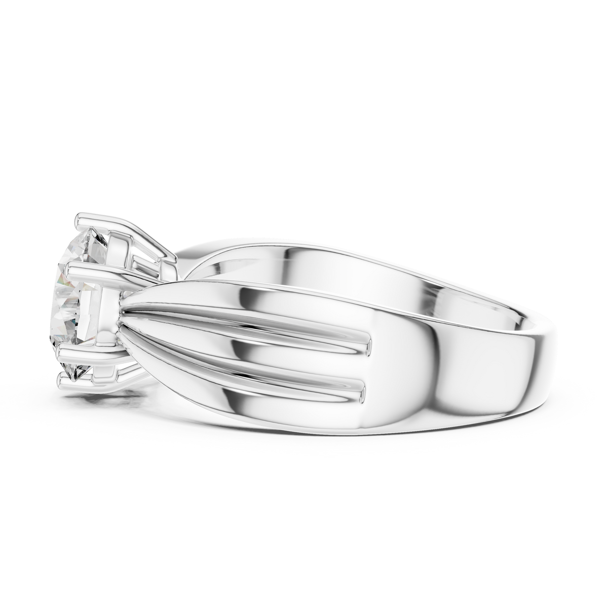 Lab Grown Round Diamond Ring with Wide Grooved Band in Yellow Gold