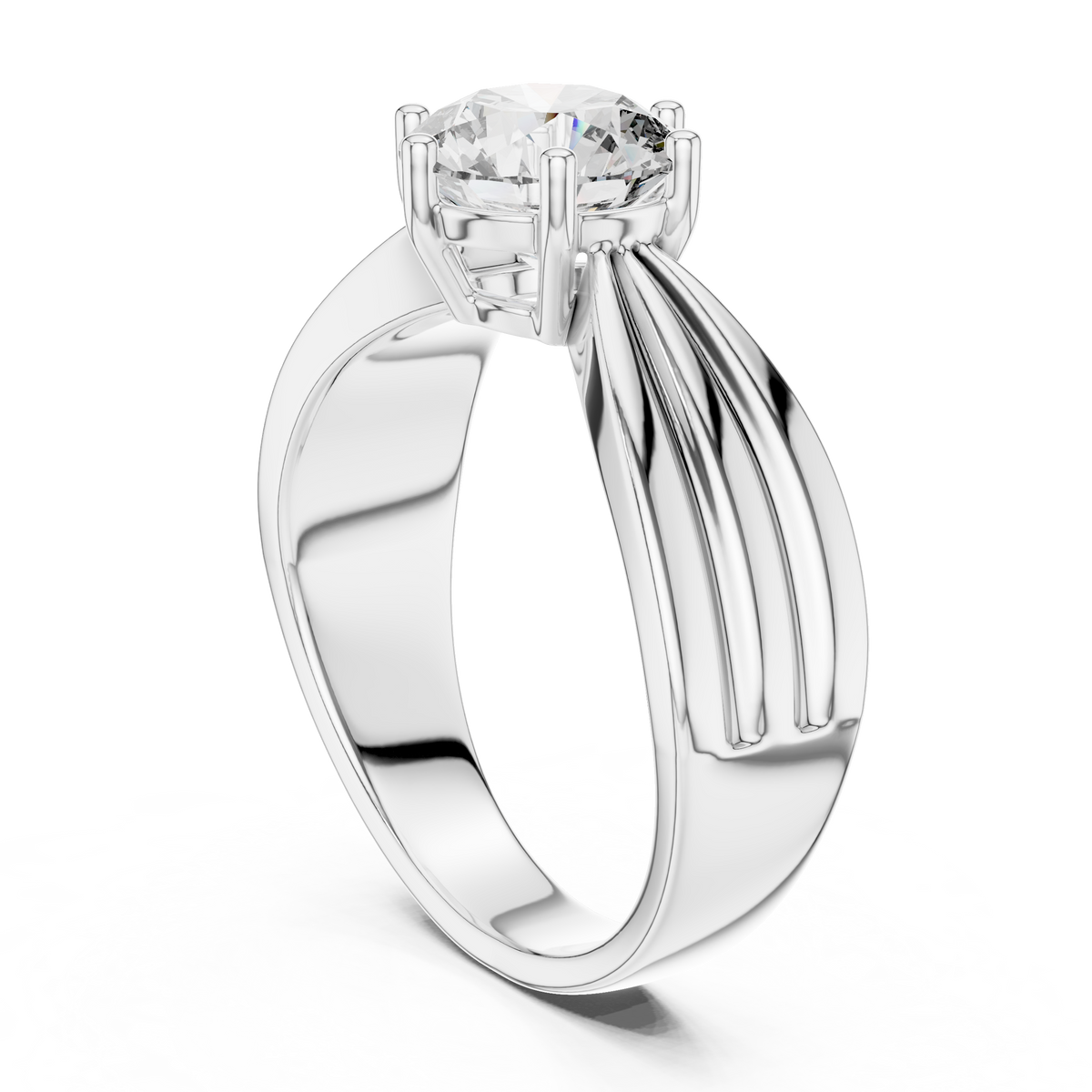 Lab Grown Round Diamond Ring with Wide Grooved Band in Yellow Gold