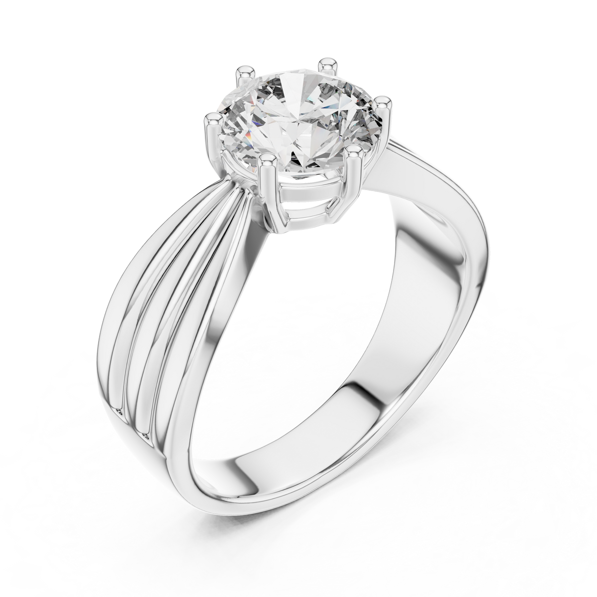 Lab Grown Round Diamond Ring with Wide Grooved Band in Yellow Gold