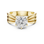 Lab Grown Round Diamond Ring with Wide Grooved Band in Yellow Gold