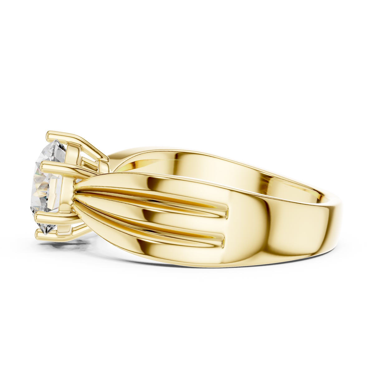 Lab Grown Round Diamond Ring with Wide Grooved Band in Yellow Gold