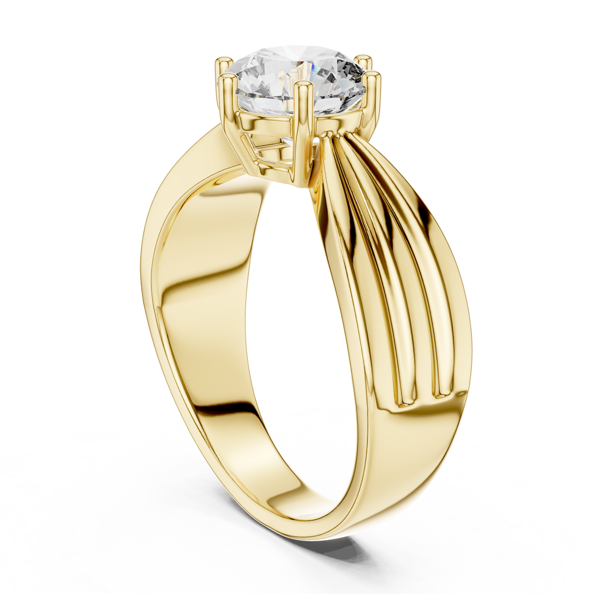 Lab Grown Round Diamond Ring with Wide Grooved Band in Yellow Gold