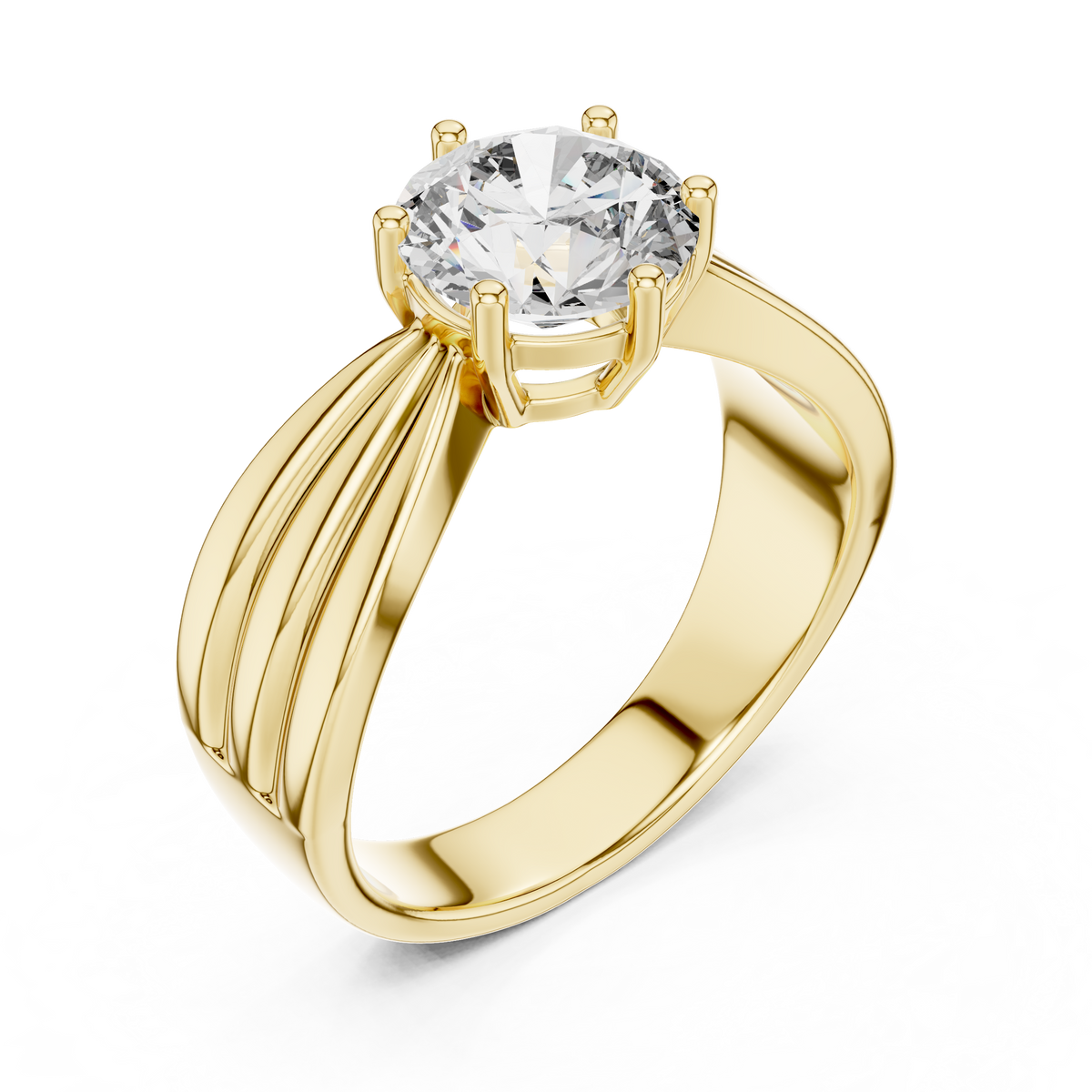 Lab Grown Round Diamond Ring with Wide Grooved Band in Yellow Gold