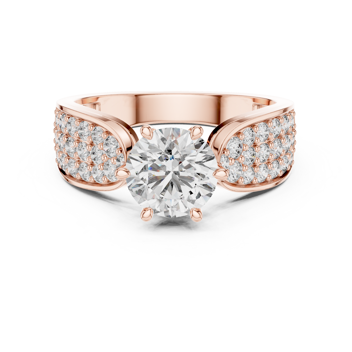 Lab Grown Round Diamond Ring with Wide Pavé Band in Yellow Gold