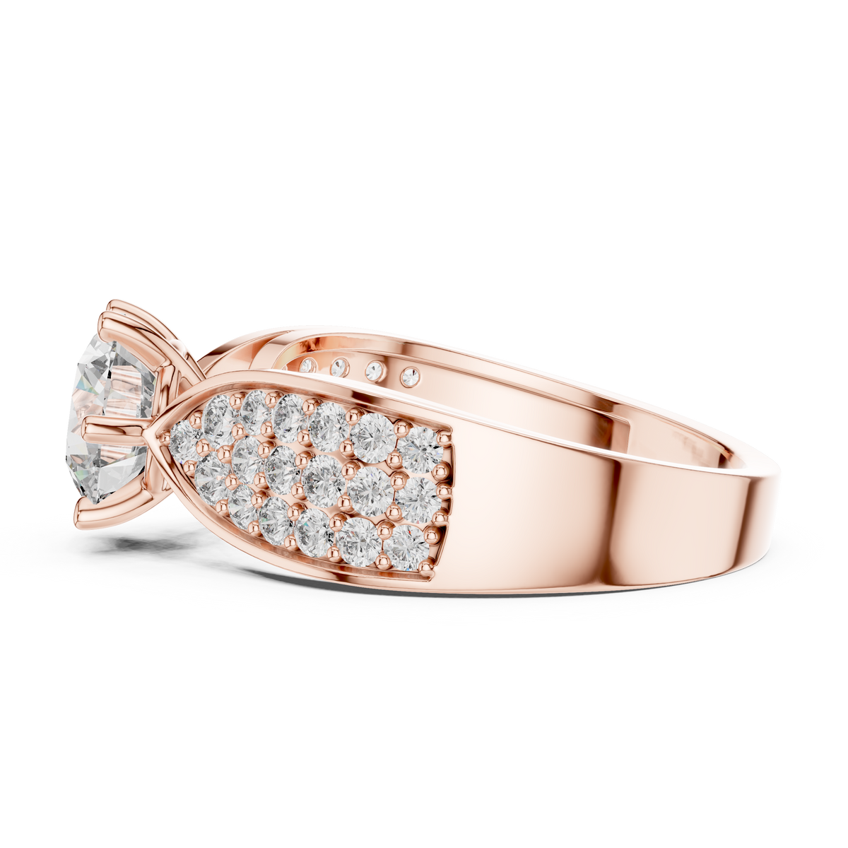 Lab Grown Round Diamond Ring with Wide Pavé Band in Yellow Gold