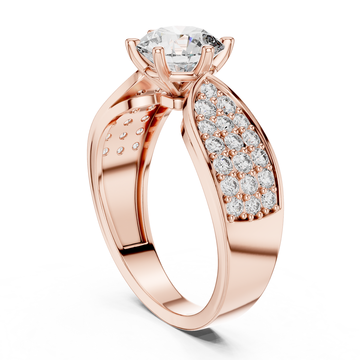 Lab Grown Round Diamond Ring with Wide Pavé Band in Yellow Gold