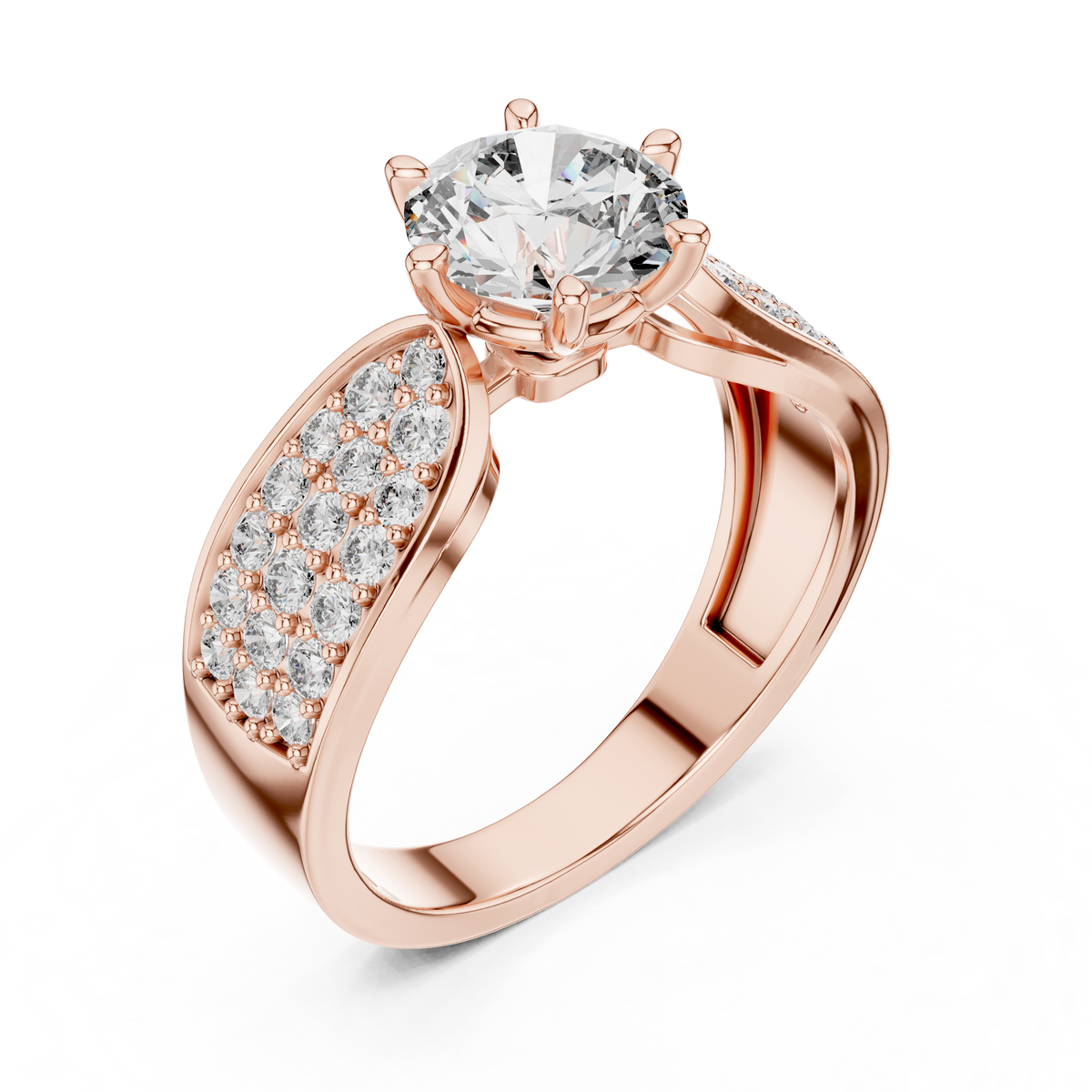 Lab Grown Round Diamond Ring with Wide Pavé Band in Yellow Gold