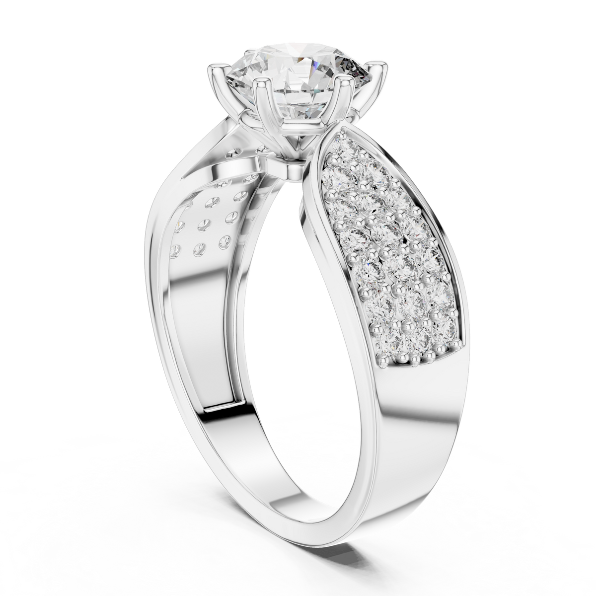 Lab Grown Round Diamond Ring with Wide Pavé Band in Yellow Gold