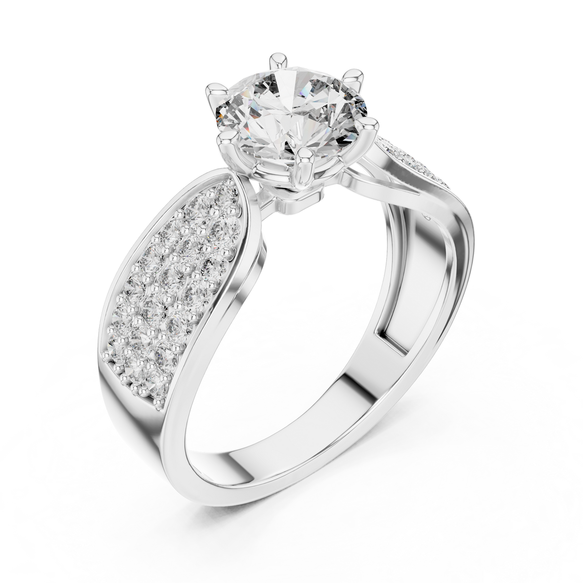 Lab Grown Round Diamond Ring with Wide Pavé Band in Yellow Gold