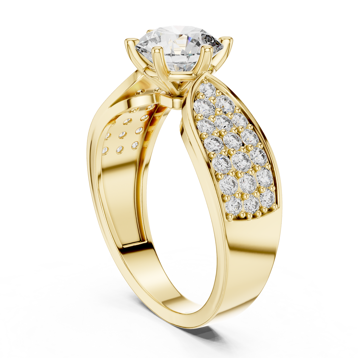 Lab Grown Round Diamond Ring with Wide Pavé Band in Yellow Gold