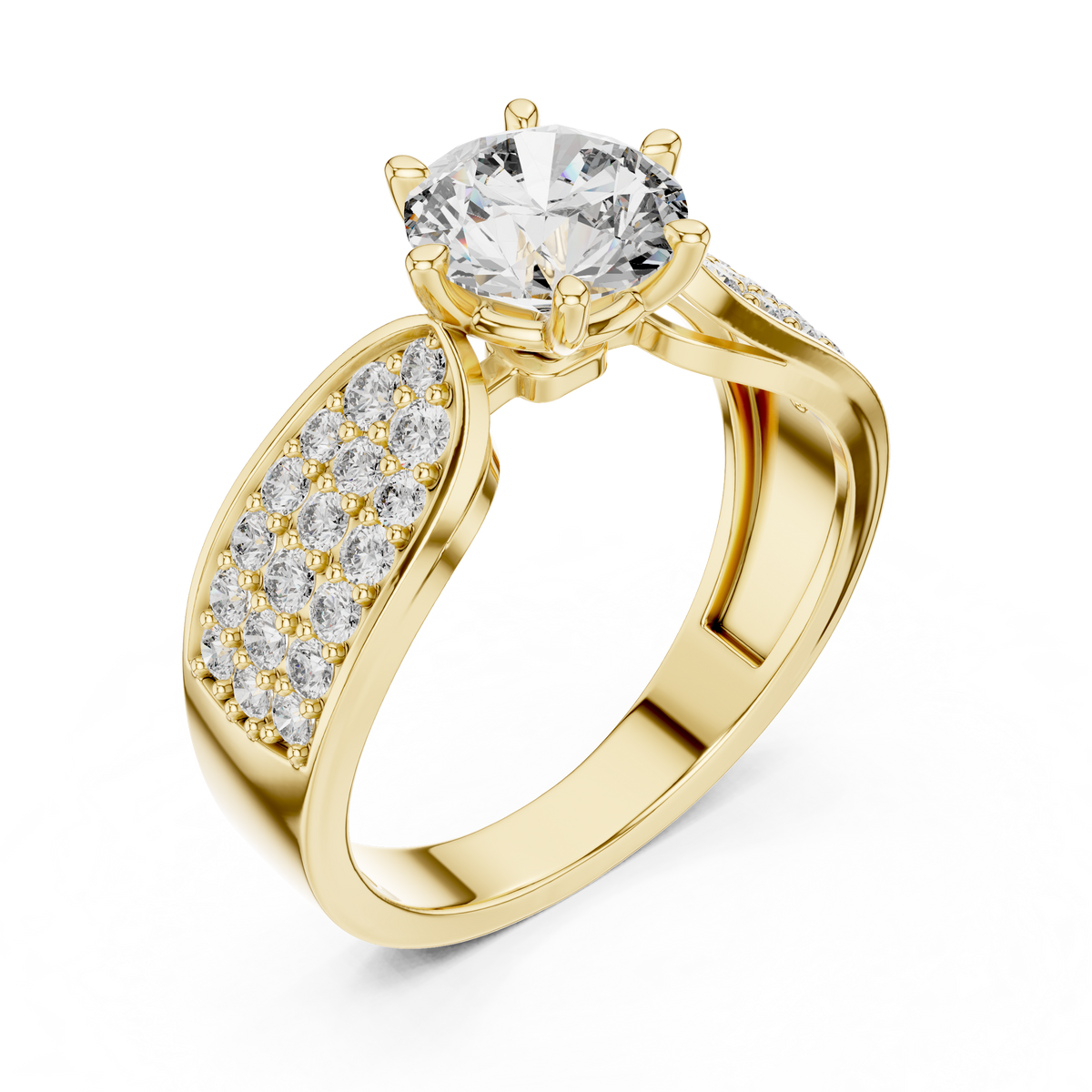 Lab Grown Round Diamond Ring with Wide Pavé Band in Yellow Gold