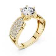 Lab Grown Round Diamond Ring with Wide Pavé Band in Yellow Gold