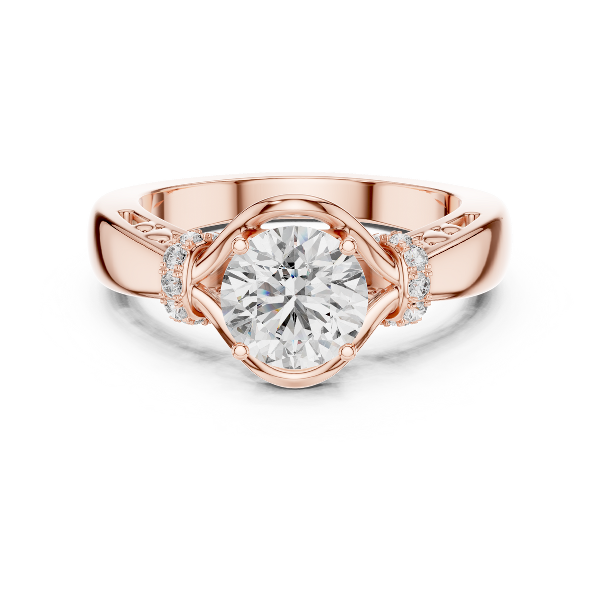 Lab Grown Round Diamond Ring with Woven Band & Diamond Accents in Yellow Gold