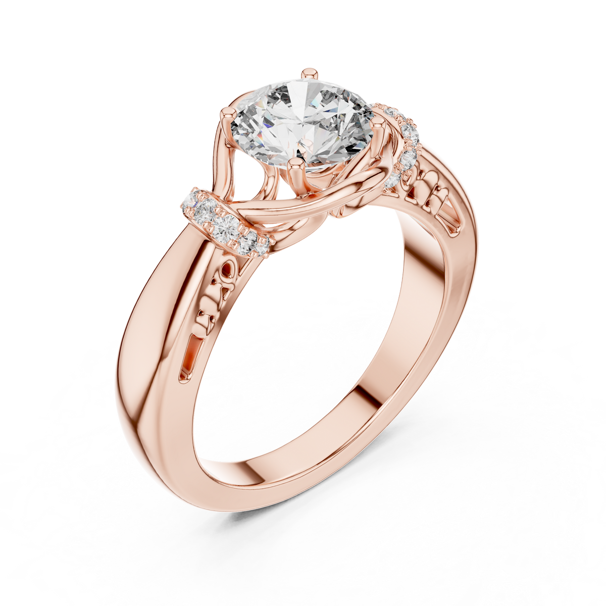 Lab Grown Round Diamond Ring with Woven Band & Diamond Accents in Yellow Gold