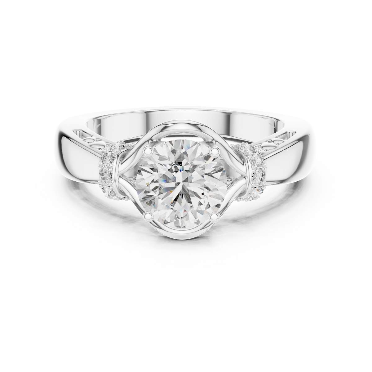 Lab Grown Round Diamond Ring with Woven Band & Diamond Accents in Yellow Gold
