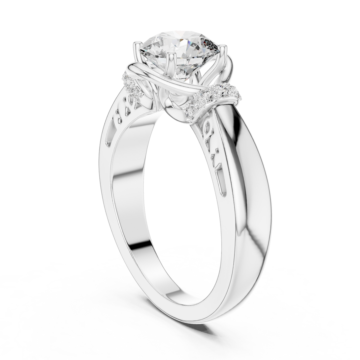 Lab Grown Round Diamond Ring with Woven Band & Diamond Accents in Yellow Gold