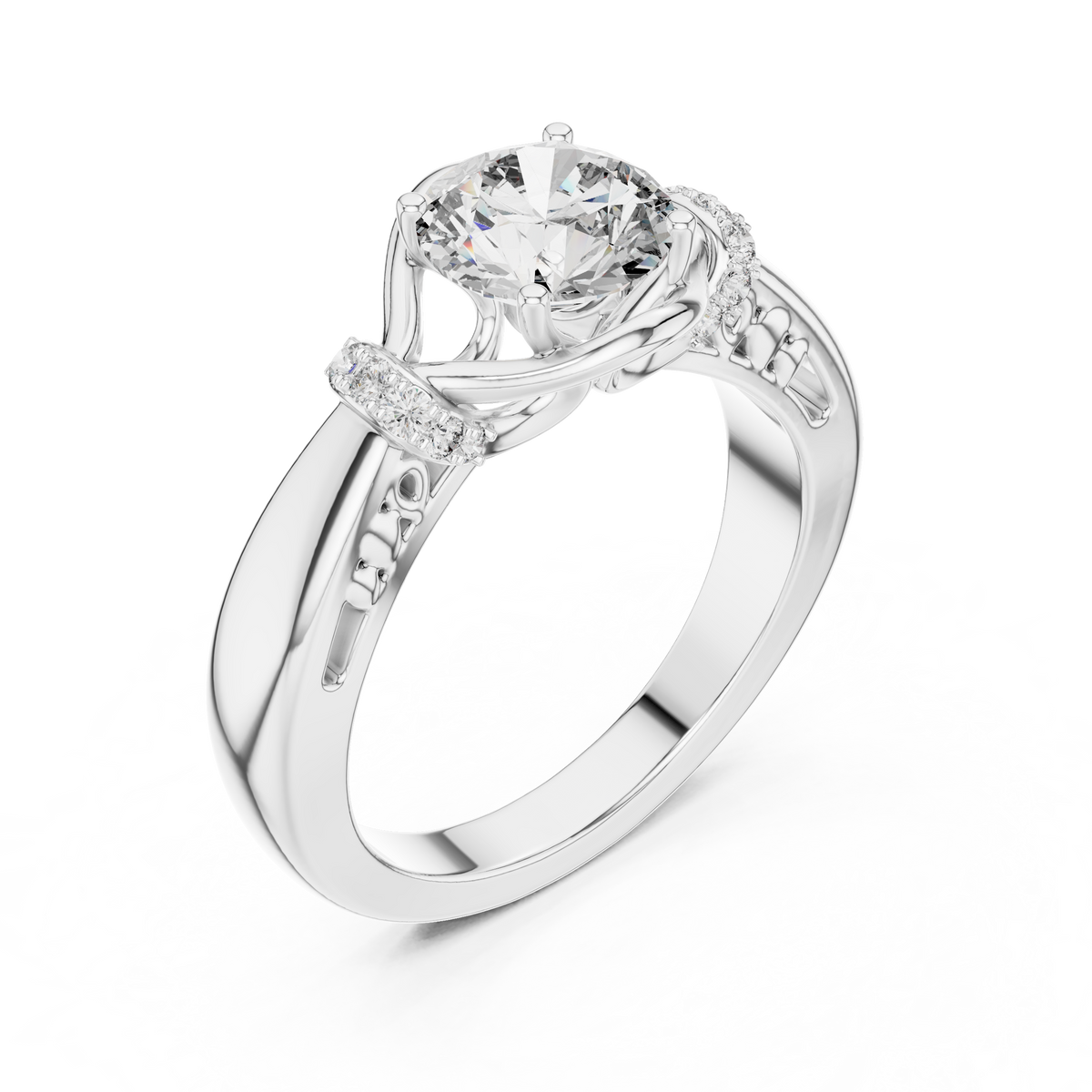 Lab Grown Round Diamond Ring with Woven Band & Diamond Accents in Yellow Gold