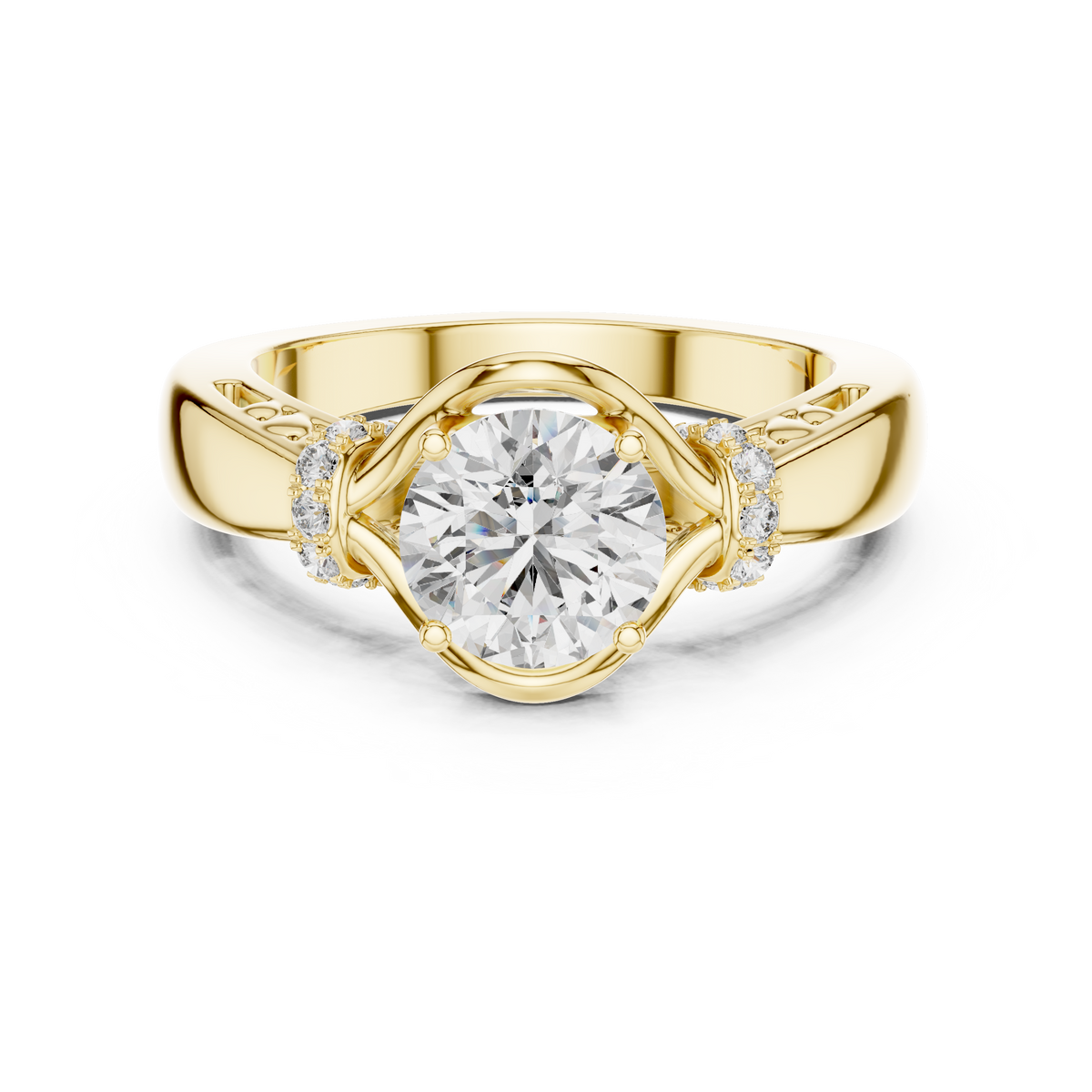Lab Grown Round Diamond Ring with Woven Band & Diamond Accents in Yellow Gold