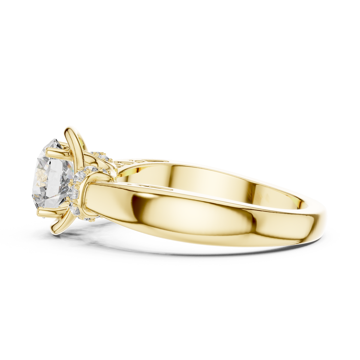 Lab Grown Round Diamond Ring with Woven Band & Diamond Accents in Yellow Gold