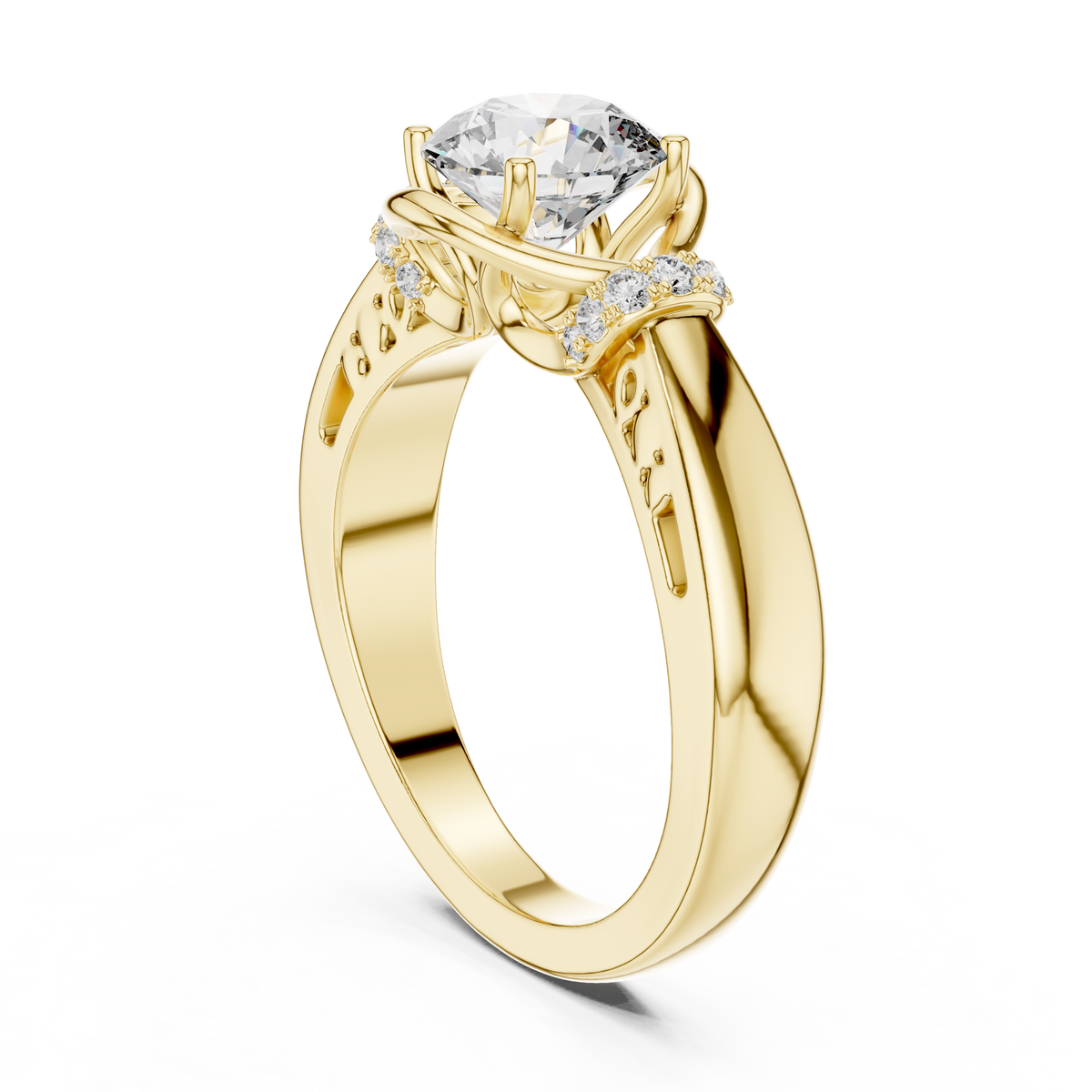 Lab Grown Round Diamond Ring with Woven Band & Diamond Accents in Yellow Gold