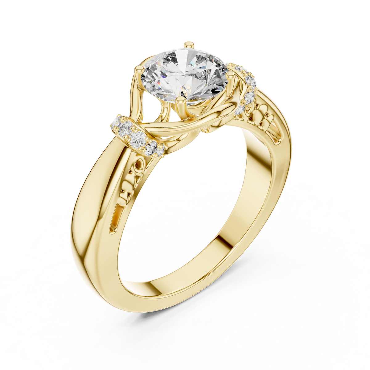 Lab Grown Round Diamond Ring with Woven Band & Diamond Accents in Yellow Gold