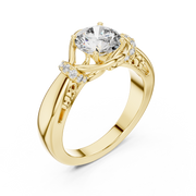 Lab Grown Round Diamond Ring with Woven Band & Diamond Accents in Yellow Gold